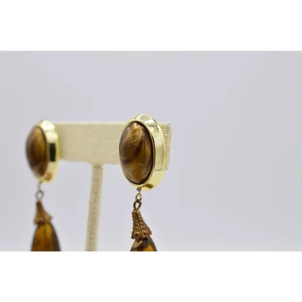 Vintage Dangle Earrings Lucite Marbled Brown Tortoise Chunky 1980s 9L